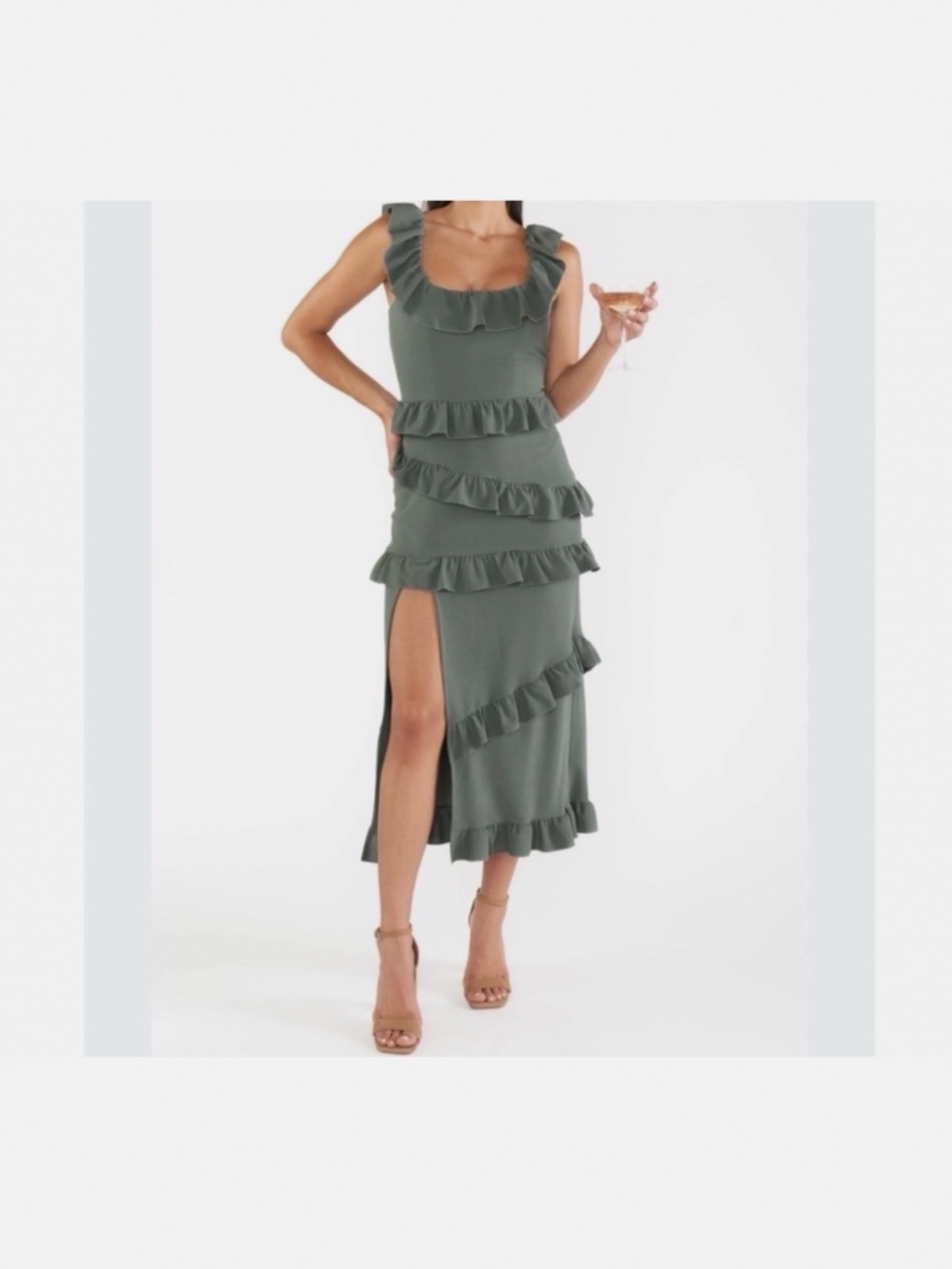 Show Me Your Mumu Greta Midi Dress Silver Sage Stretch Crepe Size L